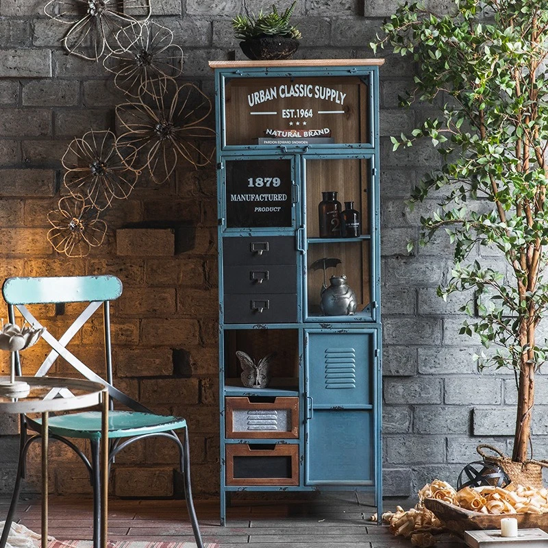 

American retro old wrought iron industrial style restaurant B & B hotel decoration high cabinet chest cabinet living room