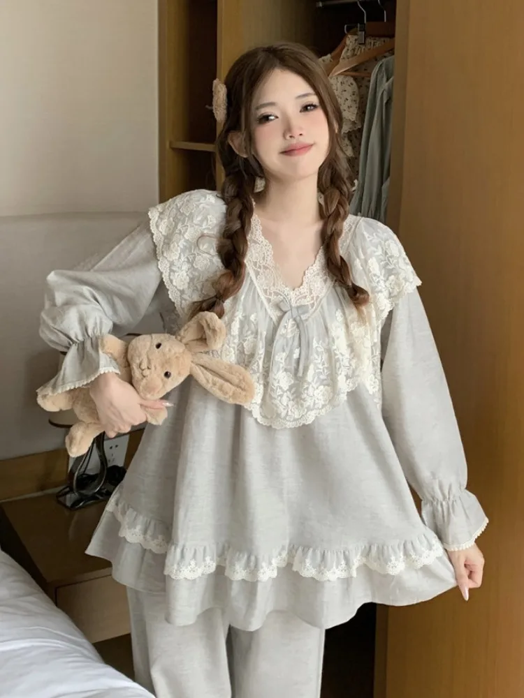 Sweet Court Style Pajama Sets Lace Sexy Sleepwear Women's Spring Autumn Long Skirts Loungewear 2024 New Models Nightgowns