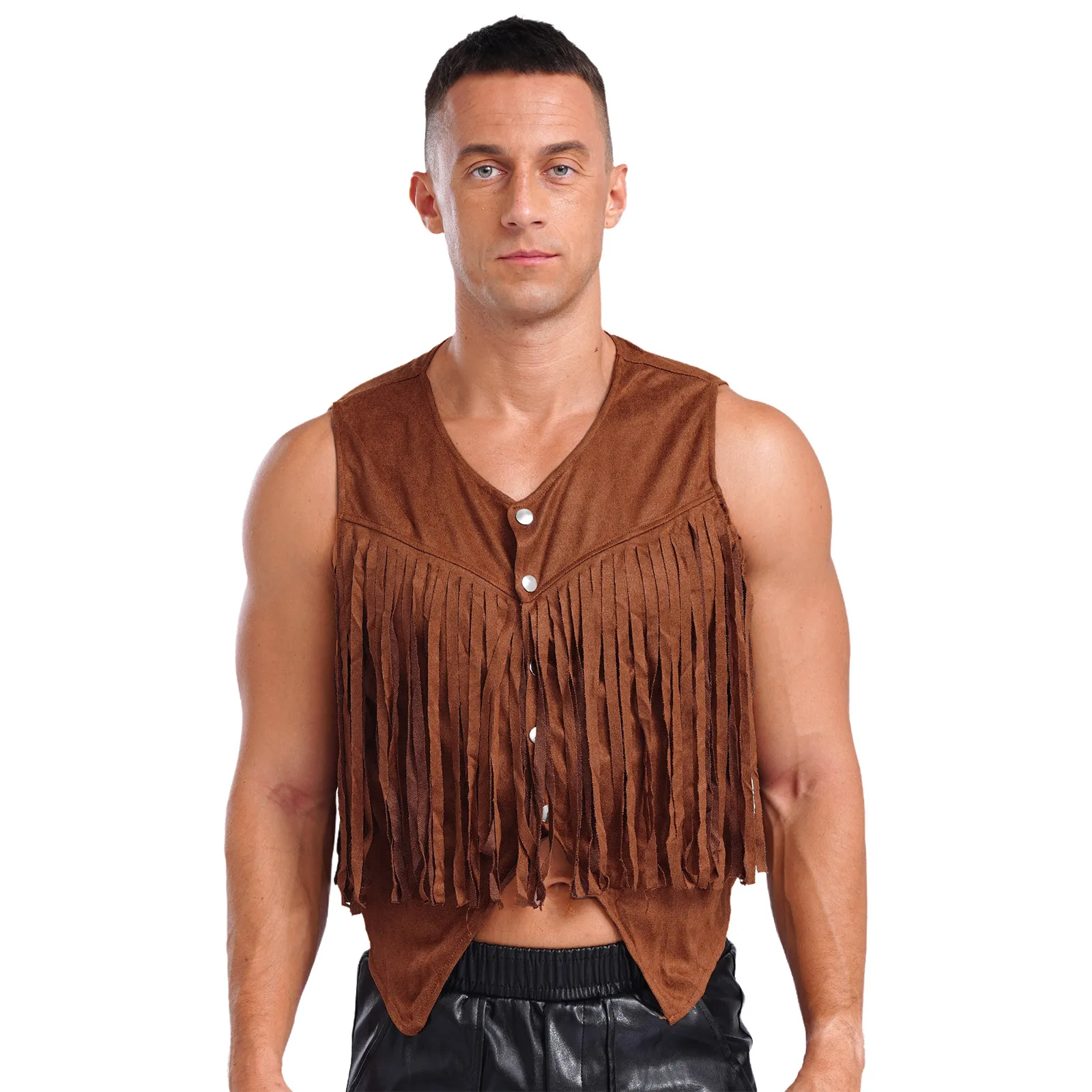 Mens Vintage Fringe Hippie Vest Faux Suede Tassel Waistcoat Irregular Hem Motorcycling Jacket Halloween Western Cowboy Costume