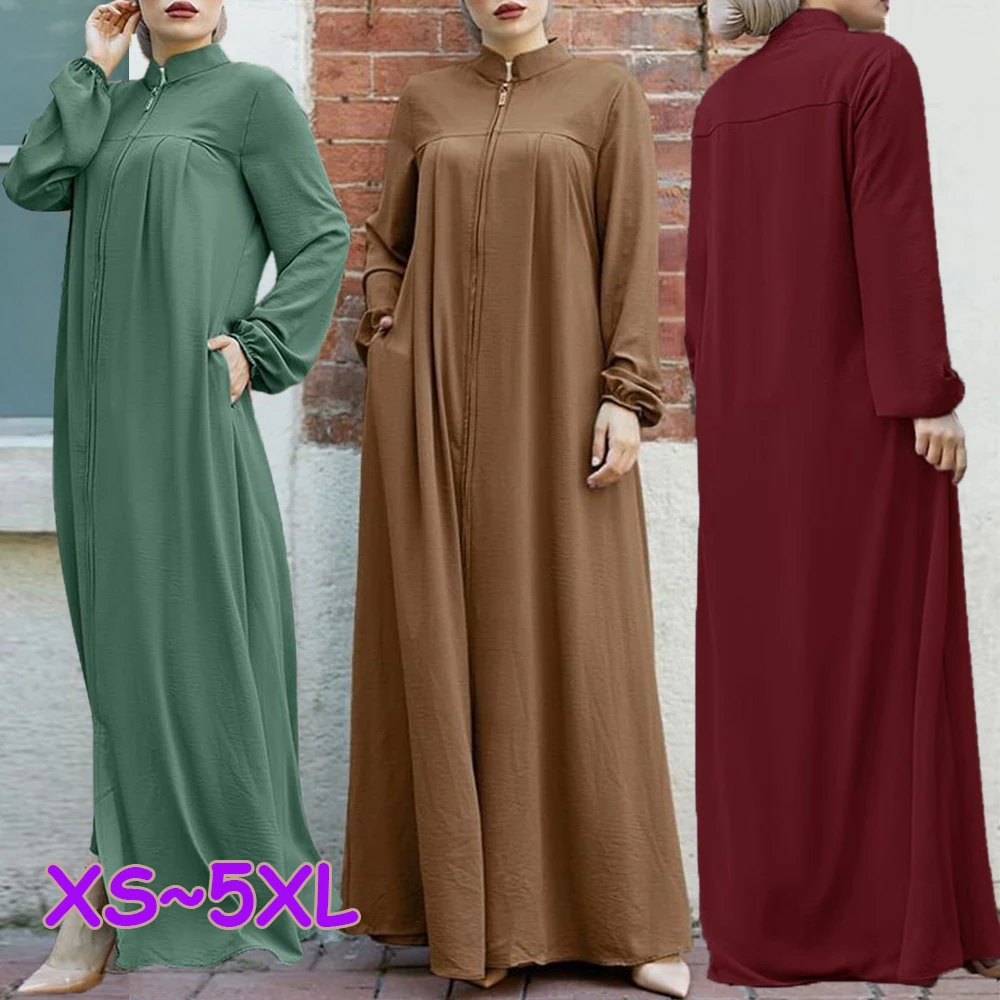 

Праздничное мусульманское платье для женщин: Абайя с воротником-стойкой, длинными рукавами, однотонная, на молнии, с карманами, в стиле Дубай.