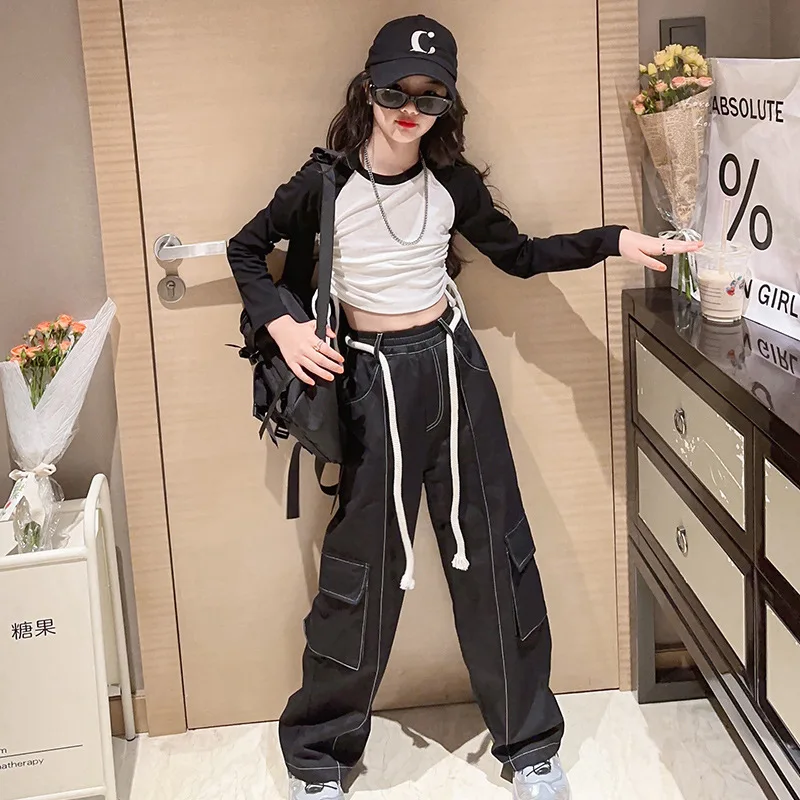 

Autumn Girls Clothes Set Fashion Drawstring Long Sleeve T-shirt+Cargo Pants 2Pieces Teenage Kids Outfits Casual Streetwears suit