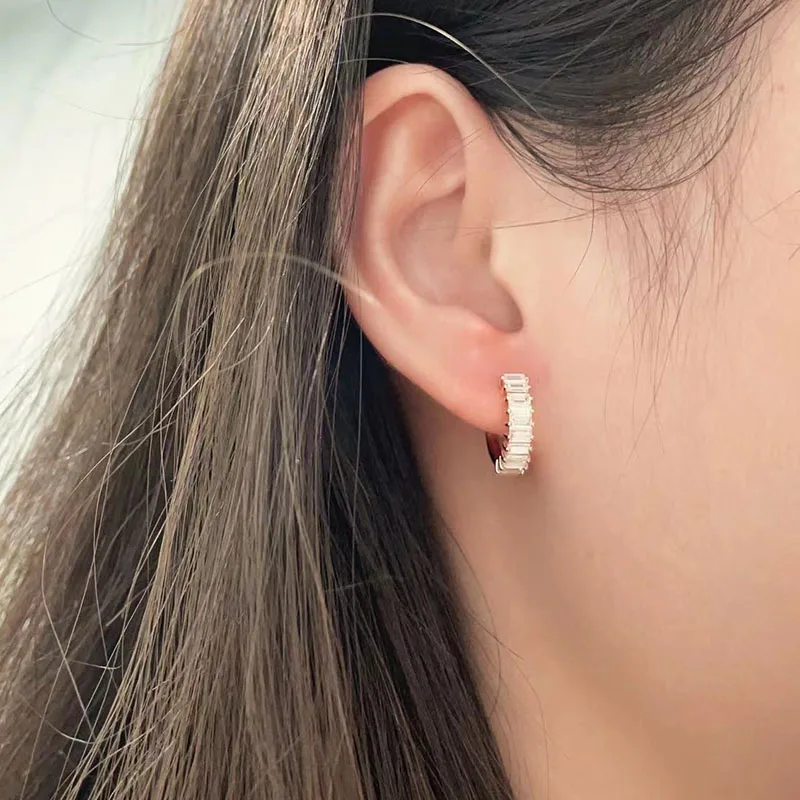 CxsJeremy Solid 14K 585 Yellow Gold Baguette Cut Moissanite 13mm Hoop Earrings Set Circle Cuff Earrings For Women