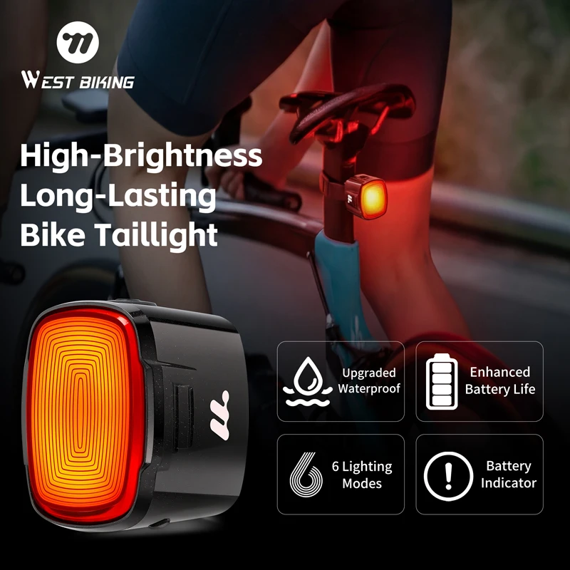 

WEST BIKING Bike Tail Light Smart Sensing IP66 Waterproof 6 Modes Type-C Ultra Bright Bicycle Rear Light For Night Riding Safety