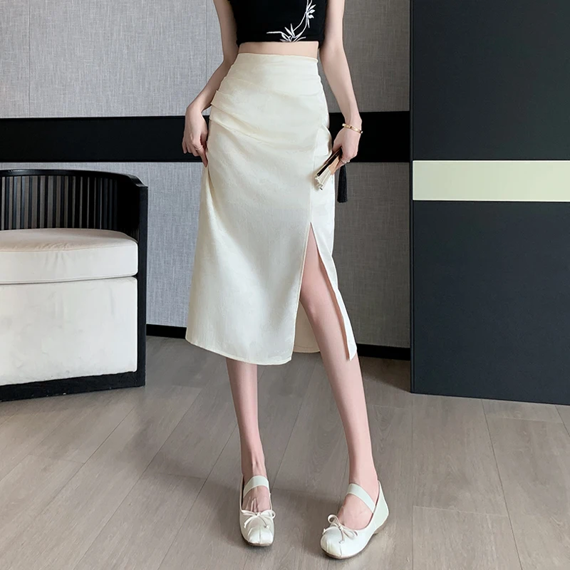 

2024 Summer Chinese Style Skirt Women's High Waist Slim Waist Waist Swinging Hip Skirt Jacquard Split Mid Length Skirt