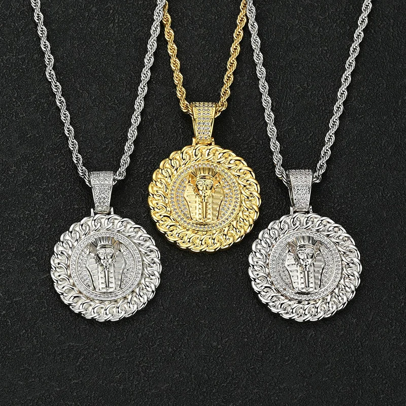 Hip Hop CZ Stone Paved Bling Ice Out Egyptian Pharaoh Tutankhamun Round Pendants Necklace for Men Rapper Jewelry Drop Shipping