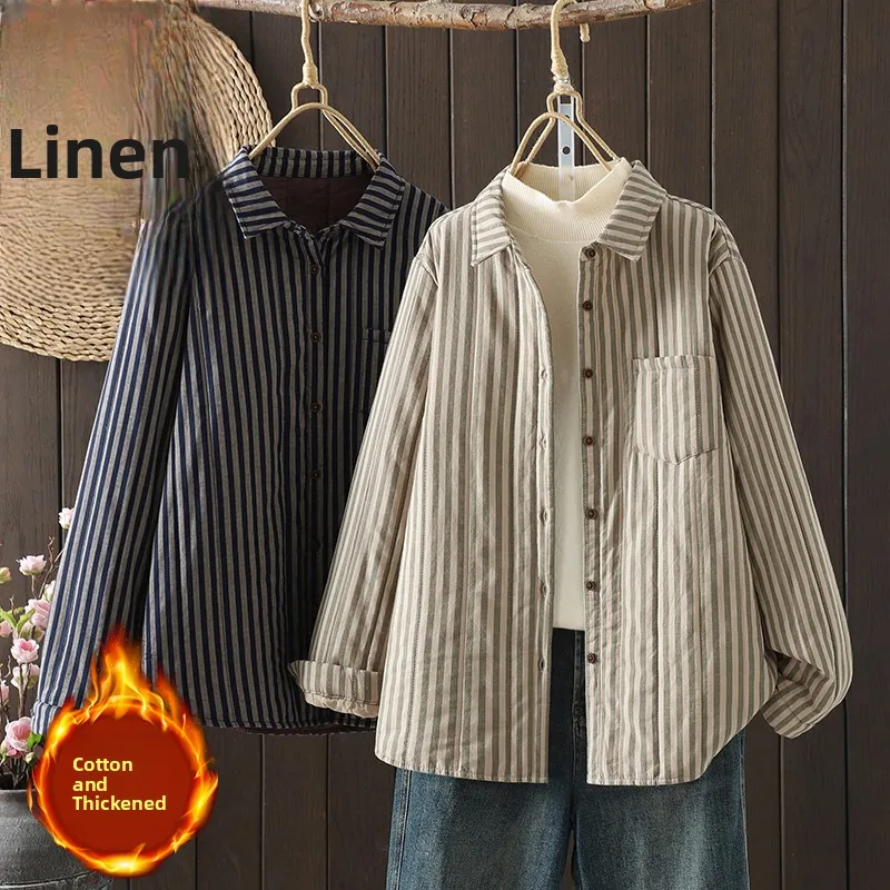 

Thiened Cotton irt Long Sve Повседневная свободная полосатая художественная корейская версия из чистого хлопка Осень-зима Новый теплый хлопок...