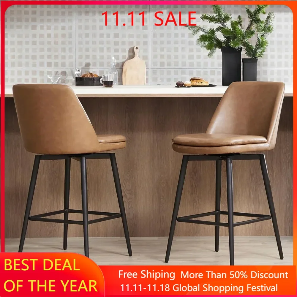 Counter Height Swivel Barstools, Upholstered Faux Leather Bar Stools Set of 2, 27.2