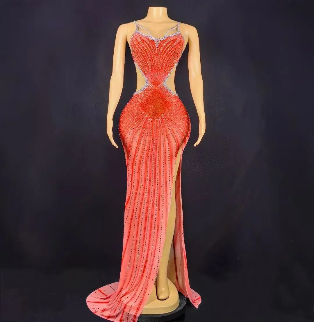 Vestido Sexy para sesión de fotos, rosa, azul, brillante, con diamantes de imitación, vestido sin espalda con abertura alta, vestido de fiesta de noche, alfombra roja para escenario