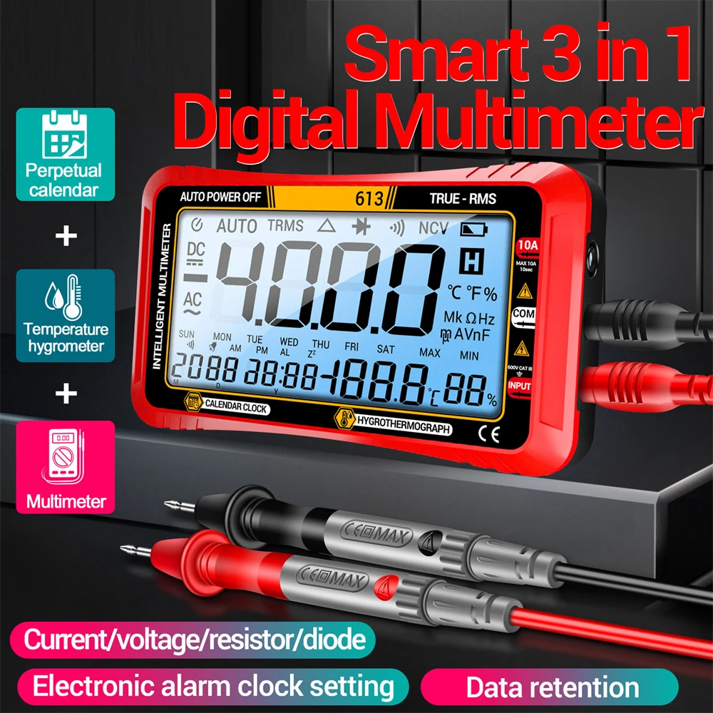 

LCD Display AC/DC Digital Multimeter Three In One Calendar Temperature And Humidity Meter Auto-Ranging Multi Tester