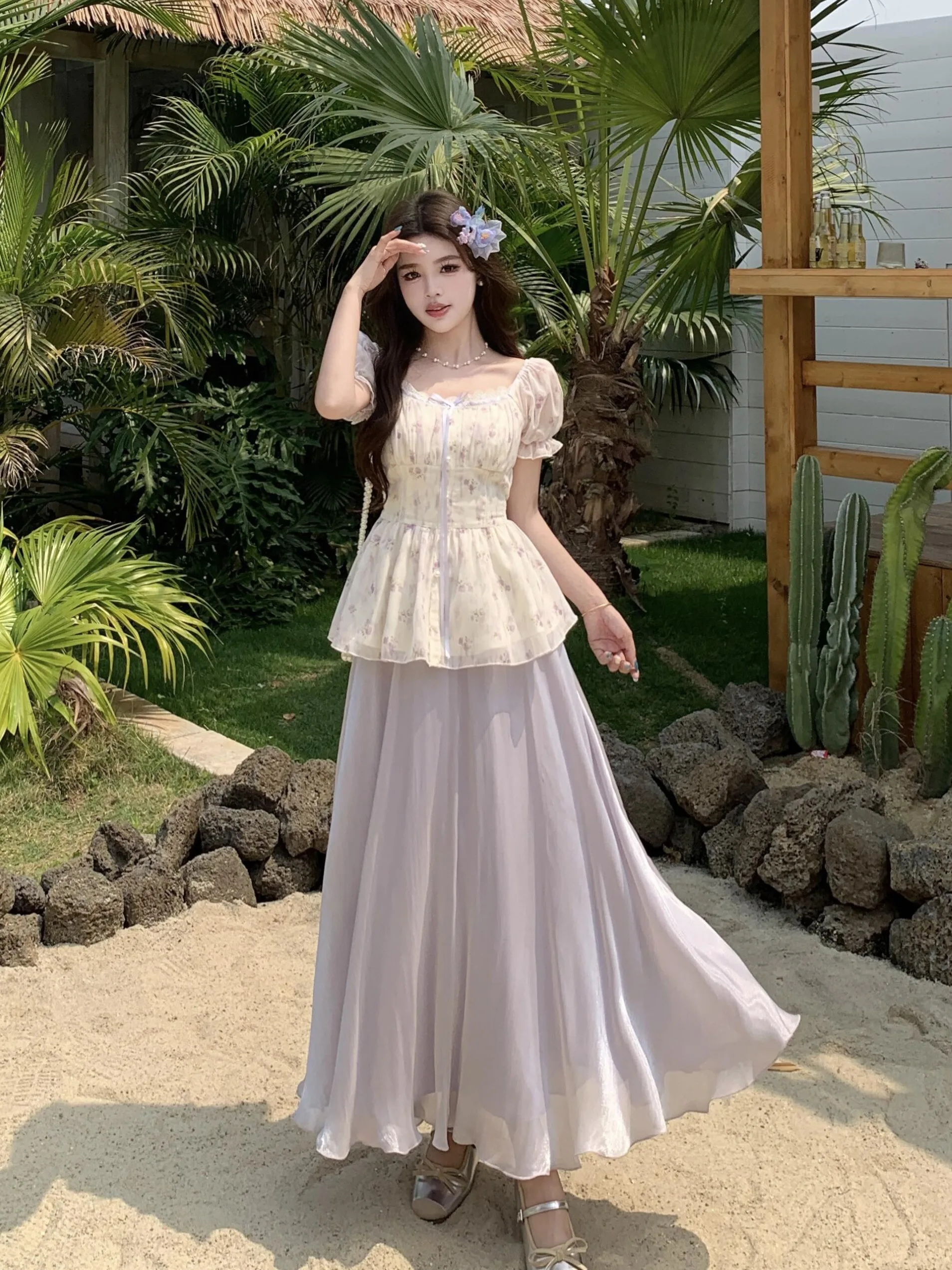 

plus Size Women's Sweet Style Lace Trim Floral Print Bubble Sleeve Top And High Waist Skirt Two Piece Set Summer New Arrival