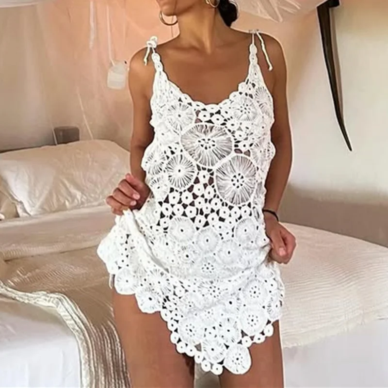 Y2k feminino crochê malha halter vestido sexy sem costas bodycon praia mini vestido oco cortar férias coverup vestidos beach wear
