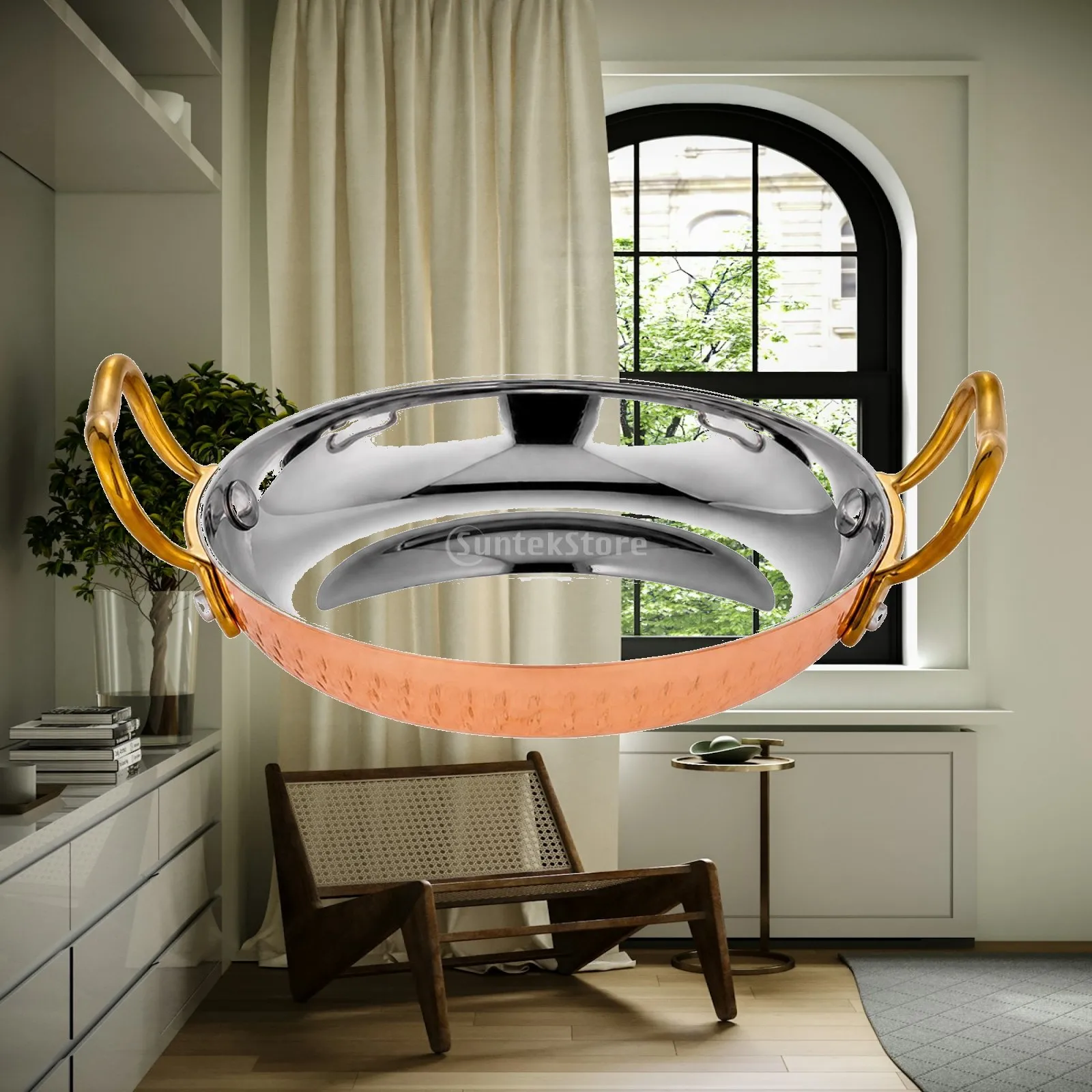 Oval Serving Tray Stainless Steel Platter with Raised Rim and Gold Tone Handles for Carry Dishes Kitchen to Table Dining