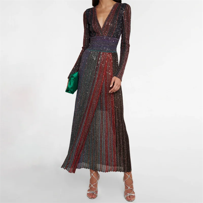 

Womens dresses New elastic knitted slim V-neck long dress for summer 2025 Metal yarn blend midi dresses Colorful striped dress
