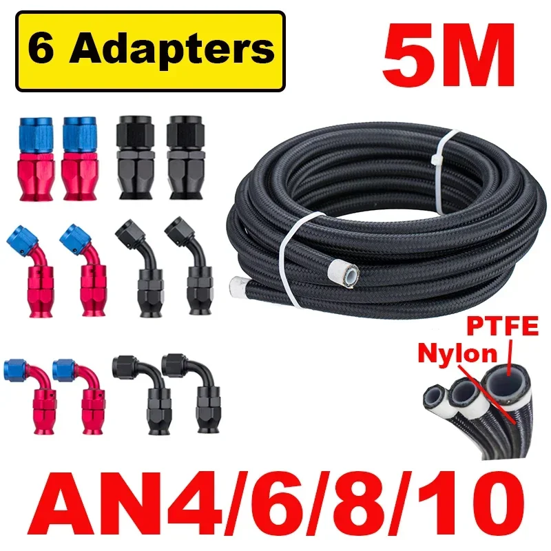 

5m/16ft An4 An6 An8 An10 E85 Tube Nylon Stainless Steel Braided PTFE Black Car Fuel Line Fitting Kit with 6pcs Swivel Hose Ends