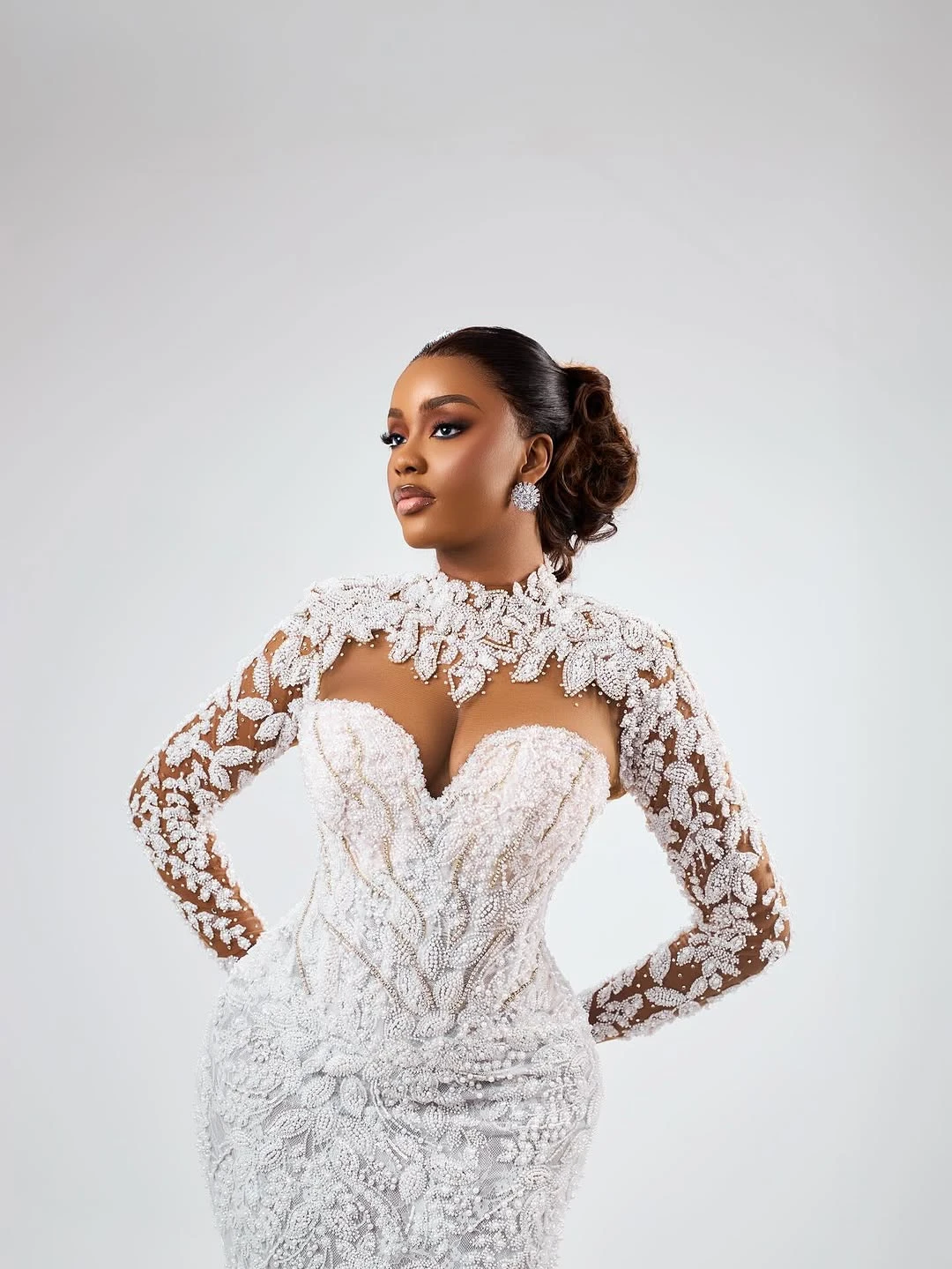 ファッションマーメイドウェディングドレスアップリケビーズブライダルガウンハイカラー長袖スイープトレインドレスカスタムメイドvestidos