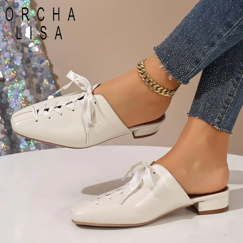 

ORCHA LISA Модные женские туфли-мюли с круглым носком, без застежек, с бантом-бабочкой, большие размеры 44-45, повседневная уличная женская обувь для осени