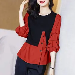 Fashion Folds Button Spliced Fake Two Pieces Blouse Women's Clothing 2022 Autumn New Casual Tops Lantern Sleeve Korean Shirt