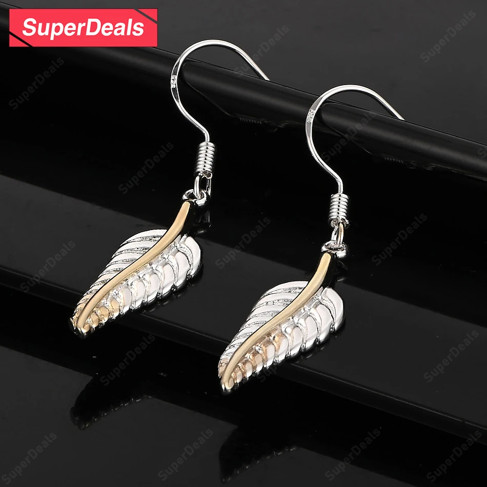 

SuperDeals 925 Sterling Silver Gold Feather Drop Earrings Women Engagement Wedding Birthday Party Fashion Beautiful Jewelry Gift