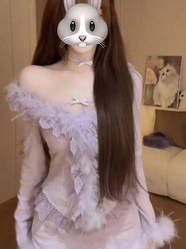 

Sweet Pure Desire Women's Outfit Long Sleeve Fur Trimmed Bodycon Skirt And Top Set High Waist Short Length Princess Style