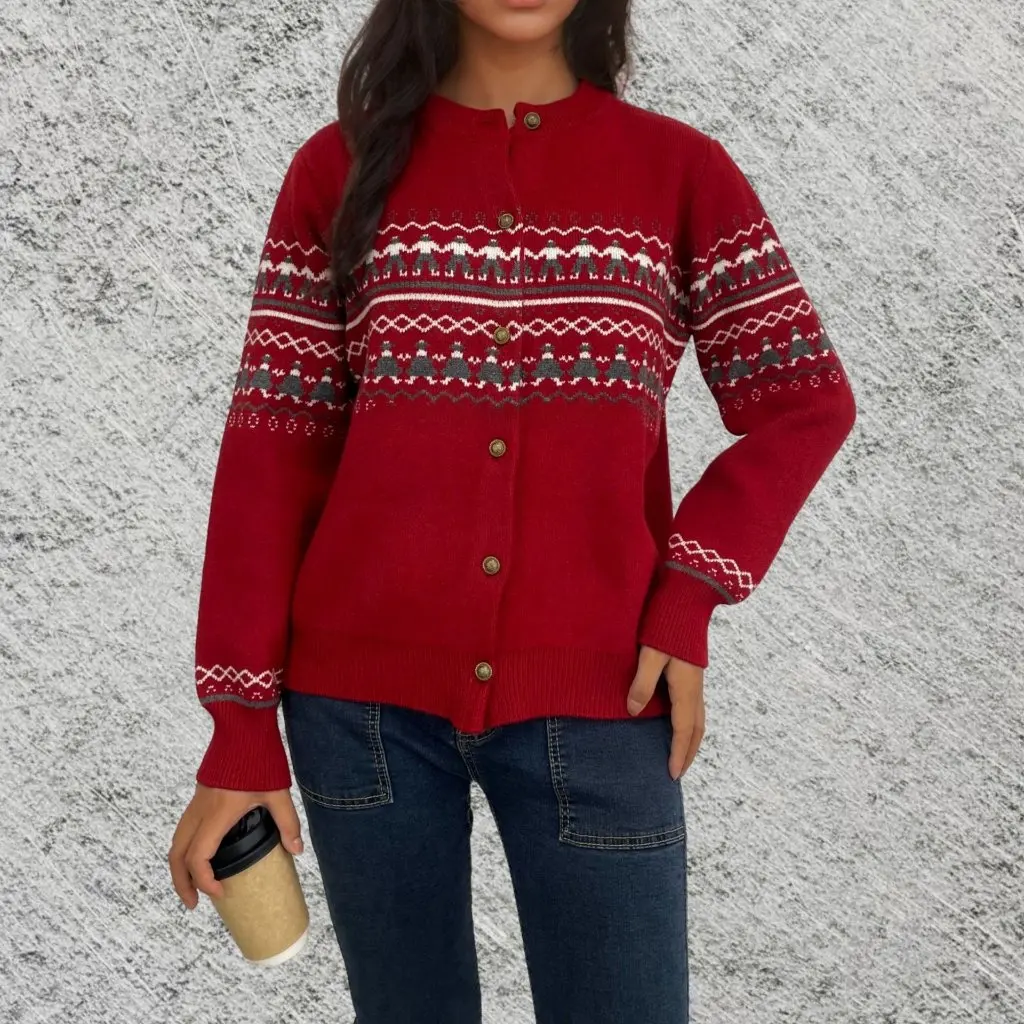 

Women's Autumn Winter Crewneck Knitwear European American Style Jacquard Cardigan Single-Breasted Sweater for Ladies