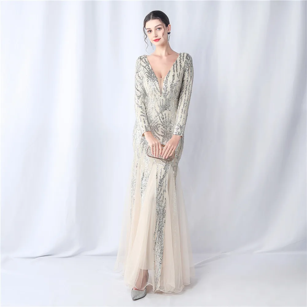 Party Dress Women Elegant Luxury Evening Dresses 2023 Pretty Women\'s Weddings Long Sleeves Bridesmaid Woman Sequin Sleeve Gown