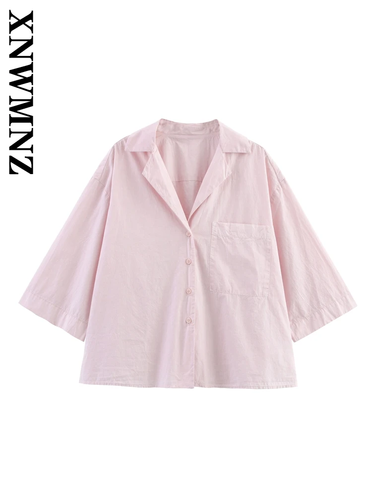 

XNWMNZ 2025 Summer Women Clothing Commuting Fashion half Sleeve Shirt Simple Casual Woman Pink Notched Collar Vintage Thin Top