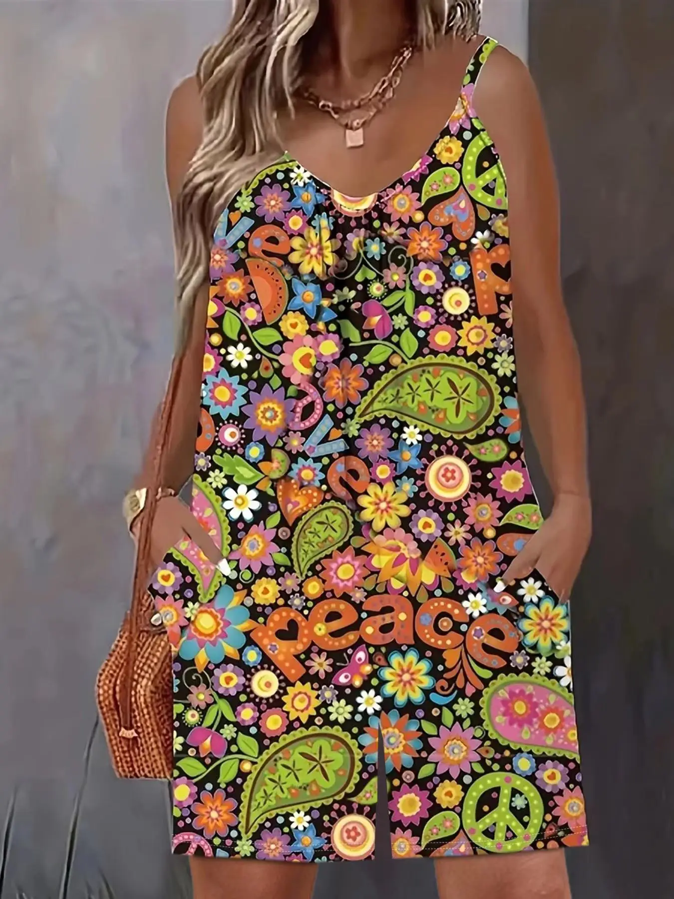 

Женская мода больших размеров, подходящая для путешествий и отдыха, комбинезон-комбинезон с карманами и принтом