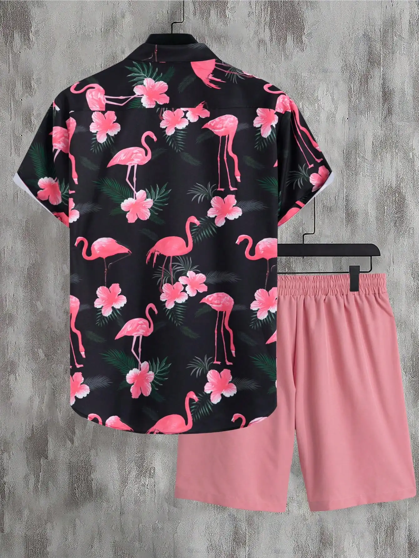 Conjunto de camisa de manga corta con estampado de flamencos tropicales y pantalones cortos rosas para hombre, conjunto informal para vacaciones en la playa