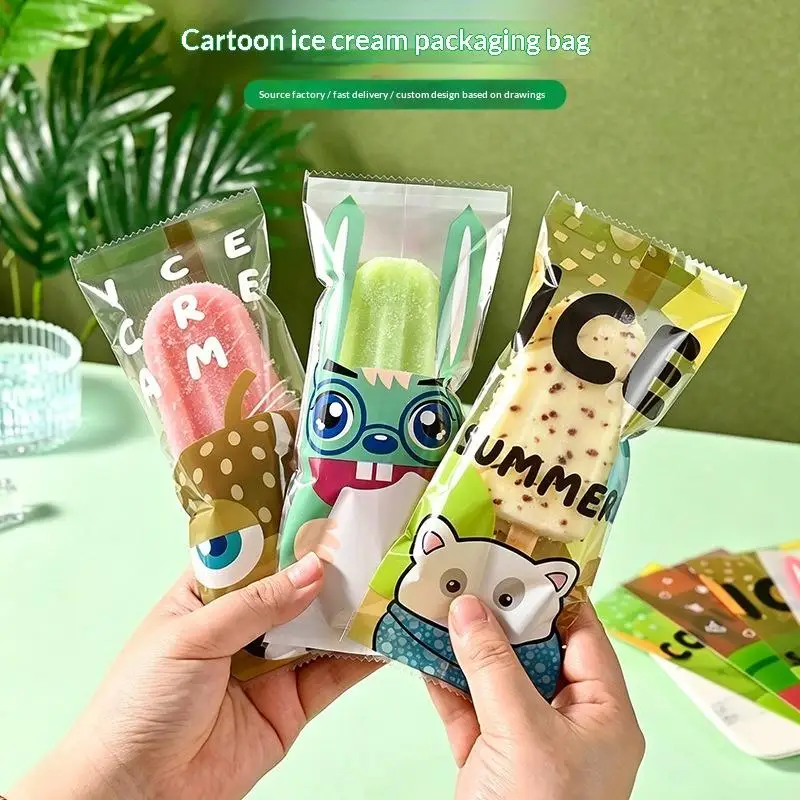 100Pcs Cartoon Ice Cream Packaging Bag Homemade Popsicle Disposable Plastic Popsicle Protective Cover Storage Sealing Bag DIY