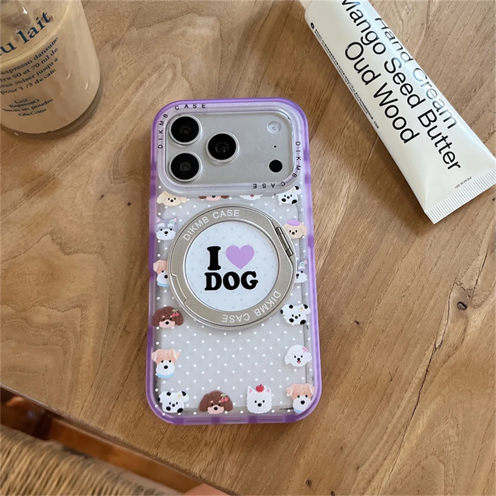 Ins Kawaii Cartoon Puppy Phone Case For iPhone 17 Pro Max 16 15 Pro Max Magnetic Holder Polka Dot Purple Cute Shockproof Cover
