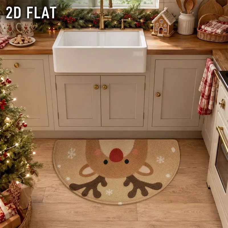 VIKAMA 2D Flat Reindeer Face Rug Half Round, Deer Bathroom Mat Bedroom Entryway, Soft Absorbent Non Slip Floor Mat, Xmas 2027