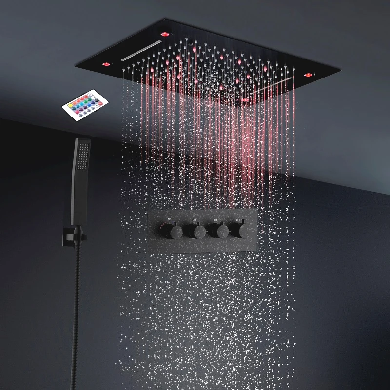 hm Black 3 Functions Waterfall Shower Set Embedded Ceiling LED Rain ShowerHead Bathroom Thermostatic Faucet Mixer System