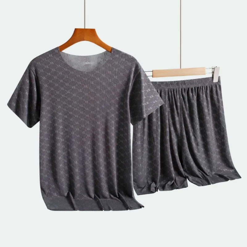 여름 남성 Loungewear 인쇄 된 얼음 실크 티셔츠 반팔 캐주얼 잠옷 크루 넥 반팔 반바지 2 피스 세트 잠옷