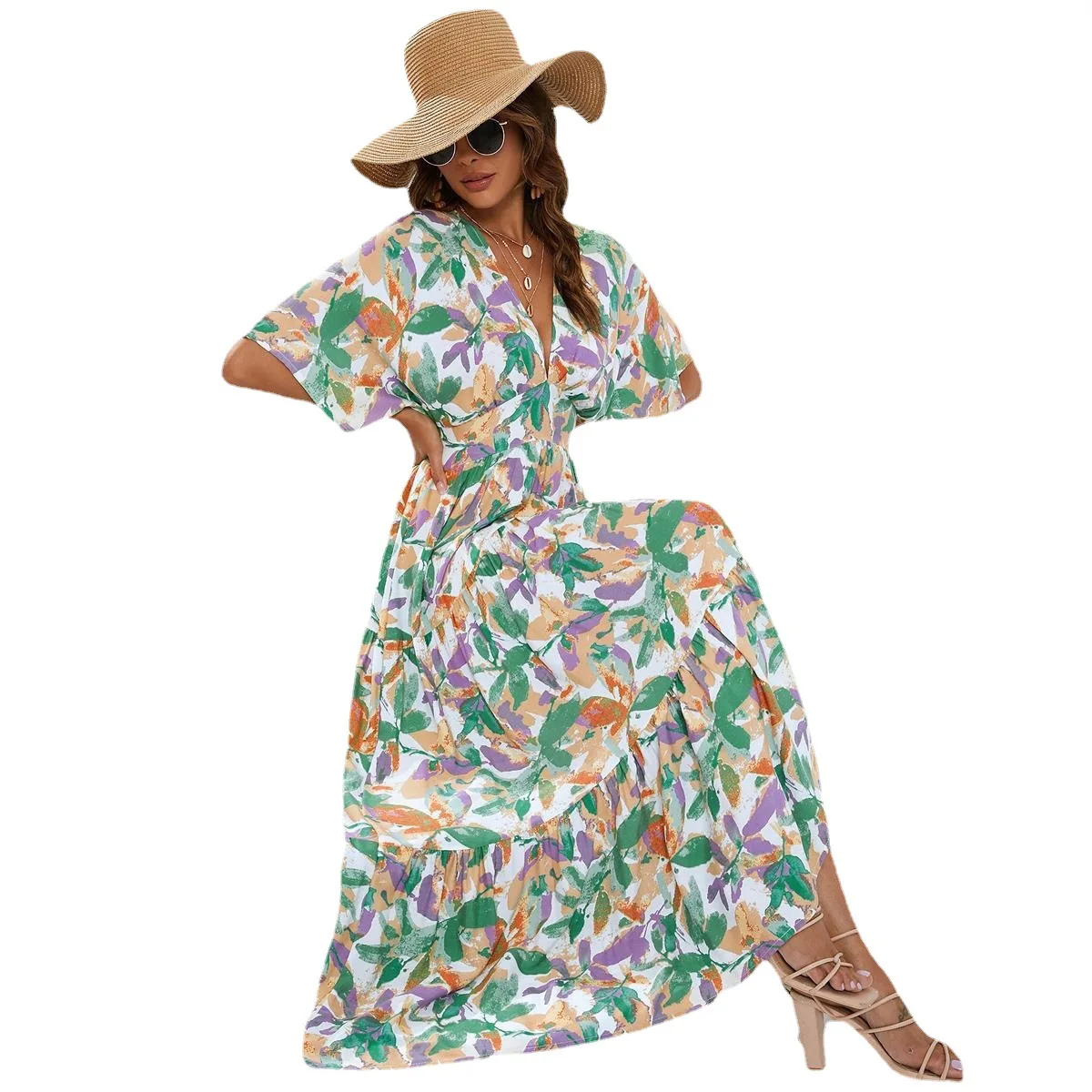 Impresso batwing sve cintura em v profundo cinched em camadas dr praia vaion saia comprimento médio bolo sle cintura elástica padrão de impressão