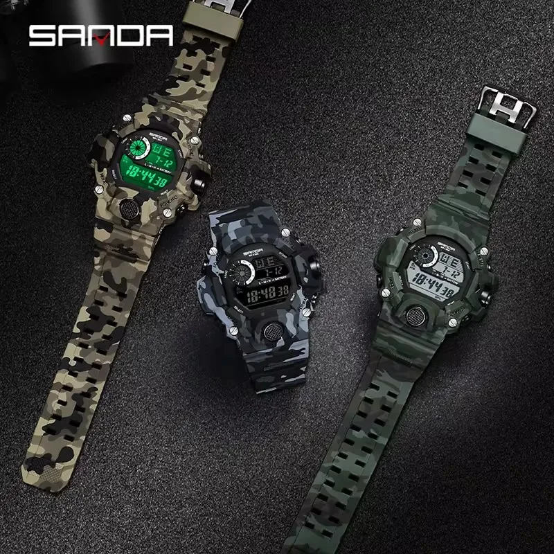 Sanda 2183 estudante relógio eletrônico moda militar camuflagem à prova dwaterproof água luz noturna esportes ao ar livre pulseira de silicone relógio masculino