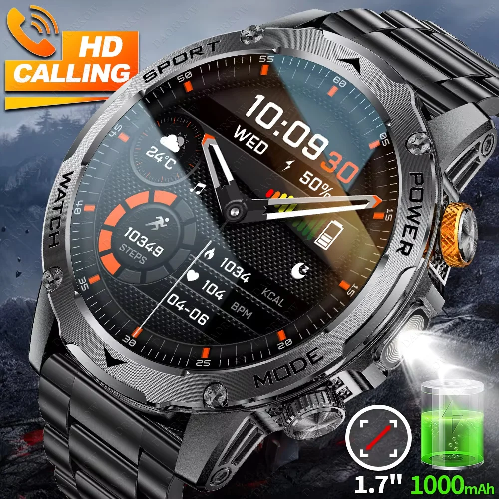 

DAORKOW 2025 Smartwatch for Men, 1000 mah battery, outdoor LED flashlight, waterproof heart rate, BT Call, 1.7 AMOLED smartwatch
