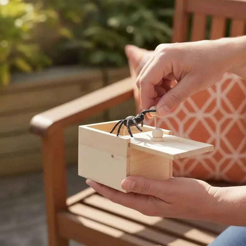 Wooden Trick Spider Scare Box Hidden Prank Toy Funny Creative Gift for Party Favors Friends April Fools' Day
