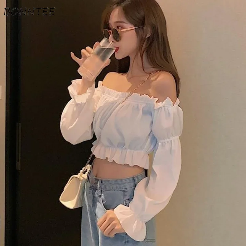 

Блузка женская летняя с разрезом на шее и оборками, однотонная, с расклешенными рукавами, стильная, милая, для девочек, сексуальная, горячая, шикарная, изящная, популярная, новое, в корейском стиле
