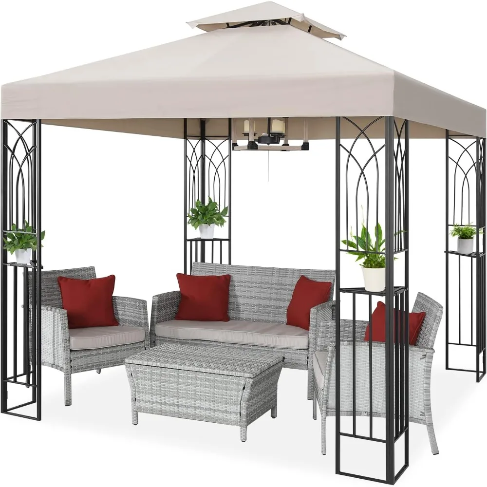 

8x8 Outdoor Patio Gazebo with Corner Shelves, Two-Tier Soft Top Canopy for Backyard, Lawn, Deck and Garden, Beige