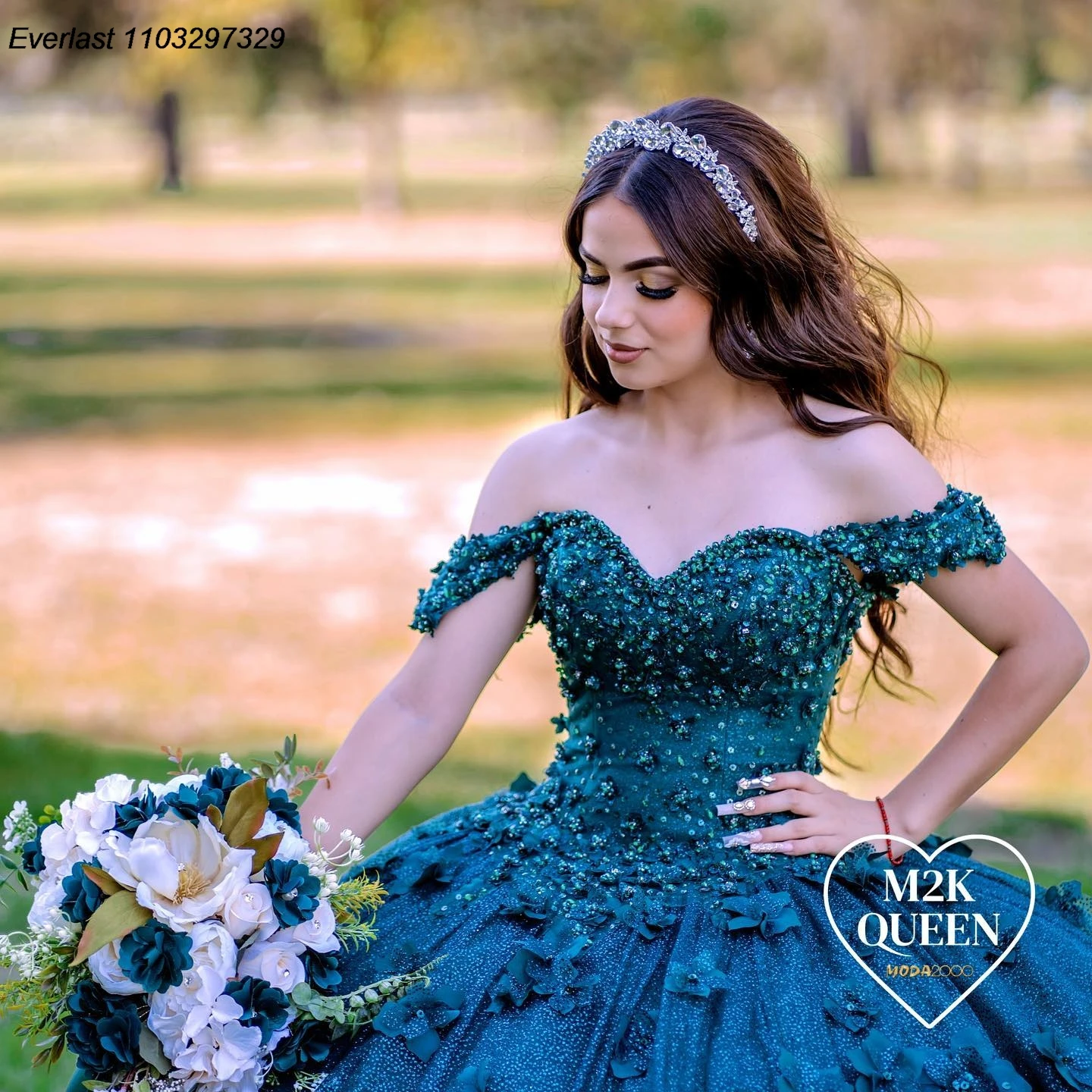 EVLAST-Robe mexicaine Quinceanera vert foncé, robe de Rh, appliques florales 3D, corset de perles, Sweet 16, robe éducative, 15 Anos, TQD813