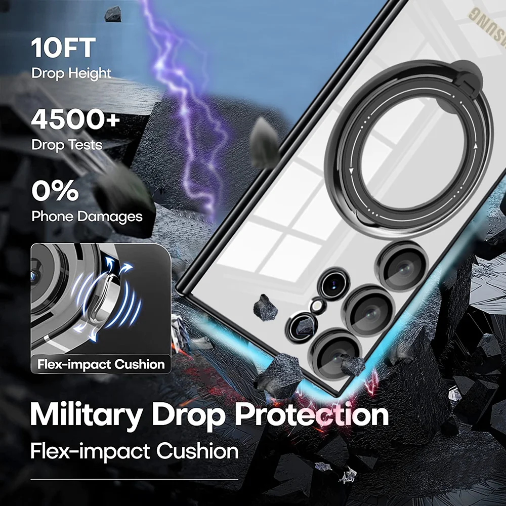 Plating Transparent Case For MagSafe Samsung Galaxy S24 Ultra S23 Plus S22 Ultra S23 FE Ring Stand Camera Protector Phone Cover