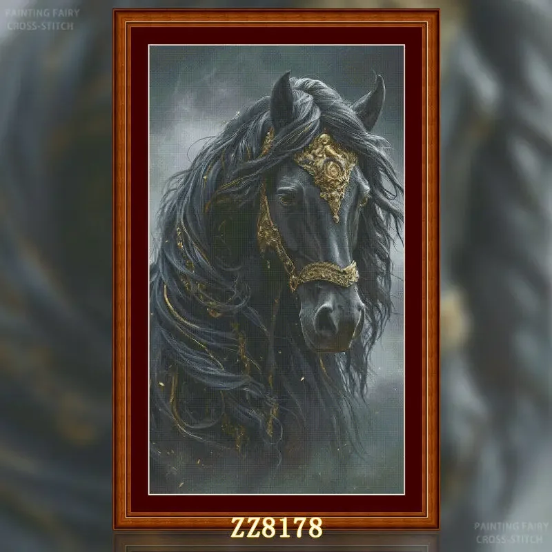 [ZZ8178-Black Horse Ebony] Stamped Cross Stitch Kit 11/14/16/18CT Pre Printed Canvas Cotton Thread DIY Embroidery for Wall Decor