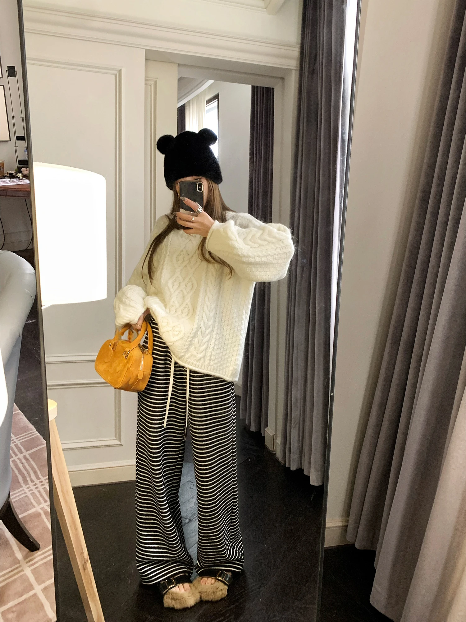 

Женские повседневные брюки Hhi с высокой талией, в полоску, широкие штанины, осень-зима, новые, для офиса, черно-белые, на все сезоны