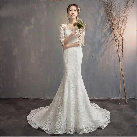 

Mermaid Lace Wedding Dresses Lace Appliques Bridal Dress Marriage Customer Made Half Sleeve Vestidos