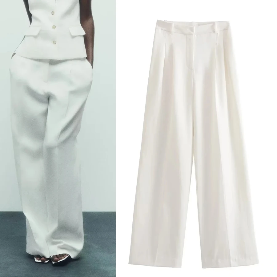 

Fashionable White Casual Wide Leg Pants for Women High Waist Trousers Commute Style Asymmetric Design with Pockets Long Pants