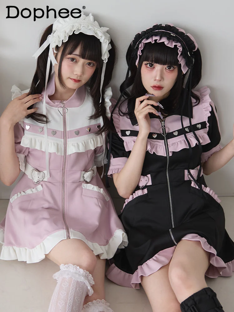 

Japanese Summer Dress Waist Slimming Heavy Industry Stringy Selvedge Dress Short Sleeve Lolita Retro Long Upper Outer Garment