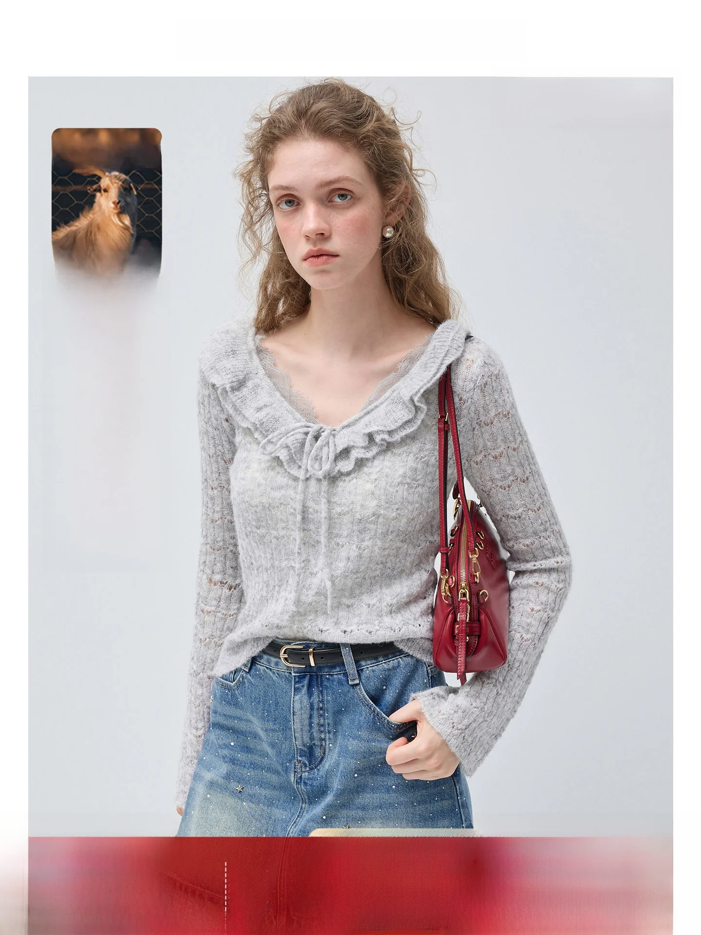 

Sweet Heart Mixed Wool Lace Splicing Hem Sweater Korean Sle Commute Straight Tube Long Sve V-ne Regular Length Spring