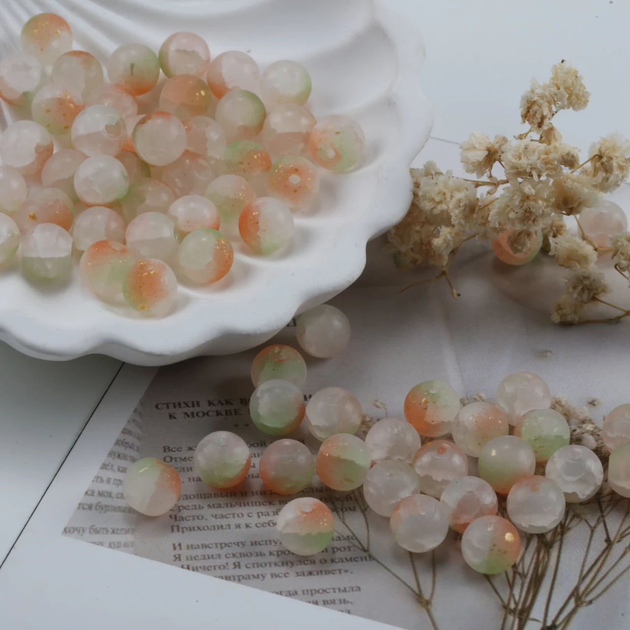 8mm 15Pcs Round Frosted Sprinkled Gold Beads Colorful Glass Beads Loose Spacer Bead for Jewerly Making Bracelet Necklace DIY