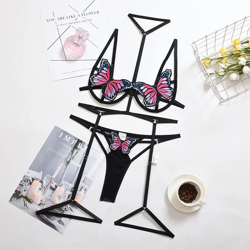 , Nuovo set di biancheria intima erotica a tre punti stile farfalla sexy,