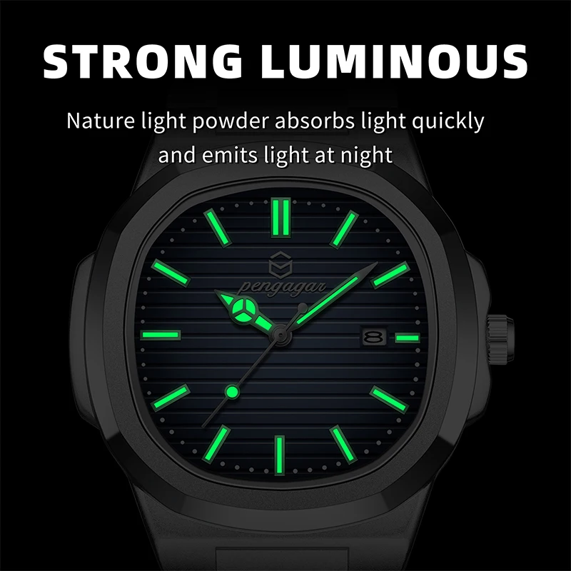 PENGAGAR Luxury Military Man Watch Square Waterproof Luminous Date Week Men Watch Stainless Steel Quartz Men's Watches Reloj+box